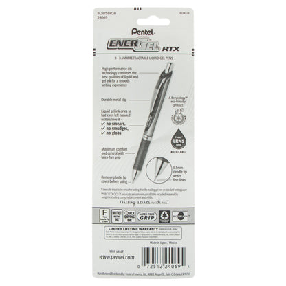 EnerGel RTX Retractable Liquid Gel Pen, (0.5mm) Needle Tip, Fine Line, Red Ink 3-Pk (BLN75BP3B)