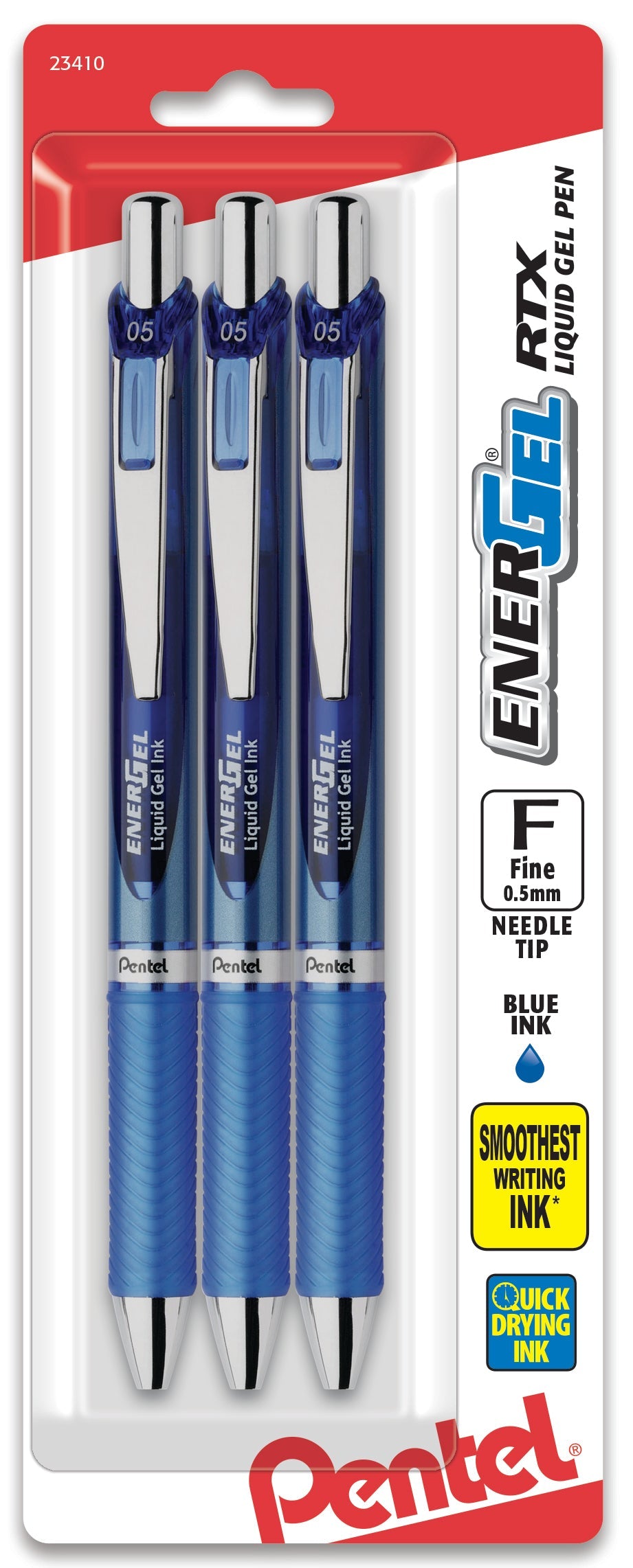 EnerGel RTX Retractable Liquid Gel Pen, (0.5mm) Needle Tip, Fine Line, Blue Ink 3-Pk (BLN75BP3C)