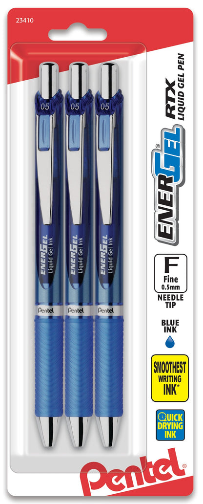 EnerGel RTX Retractable Liquid Gel Pen, (0.5mm) Needle Tip, Fine Line, Blue Ink 3-Pk (BLN75BP3C)
