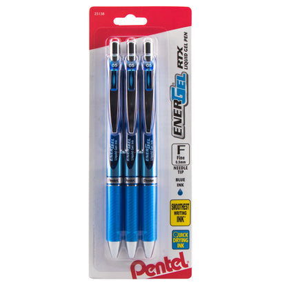 EnerGel RTX Retractable Liquid Gel Pen, (0.5mm) Needle Tip, Fine Line, Blue Ink 3-Pk (BLN75BP3C)