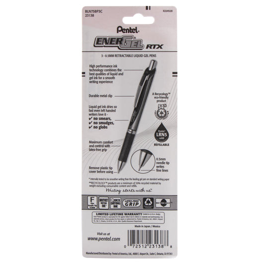 EnerGel RTX Retractable Liquid Gel Pen, (0.5mm) Needle Tip, Fine Line, Blue Ink 3-Pk (BLN75BP3C)