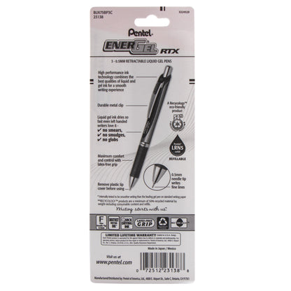 EnerGel RTX Retractable Liquid Gel Pen, (0.5mm) Needle Tip, Fine Line, Blue Ink 3-Pk (BLN75BP3C)