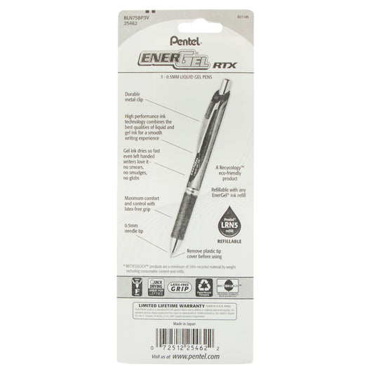 EnerGel RTX Retractable Liquid Gel Pen, (0.5mm) Needle Tip, Fine Line, Violet Ink 3-Pk (BLN75BP3V)