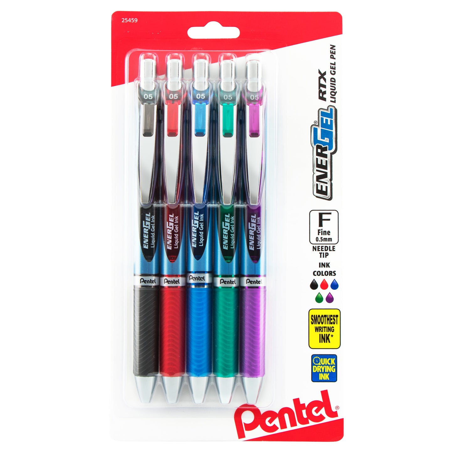 EnerGel RTX Retractable Liquid Gel Pen, (0.5mm) Needle Tip, Fine Line, Assorted Ink (A/B/C/D/V) 5-Pk (BLN75BP5M)