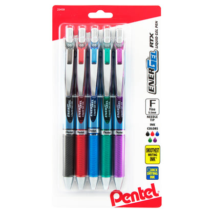 EnerGel RTX Retractable Liquid Gel Pen, (0.5mm) Needle Tip, Fine Line, Assorted Ink (A/B/C/D/V) 5-Pk (BLN75BP5M)