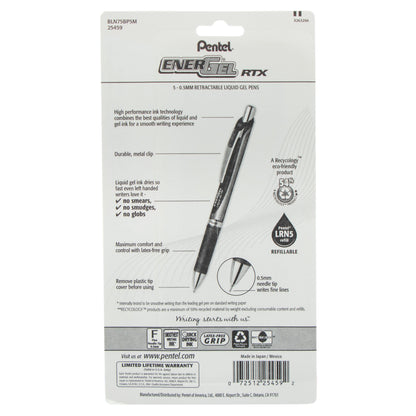 EnerGel RTX Retractable Liquid Gel Pen, (0.5mm) Needle Tip, Fine Line, Assorted Ink (A/B/C/D/V) 5-Pk (BLN75BP5M)