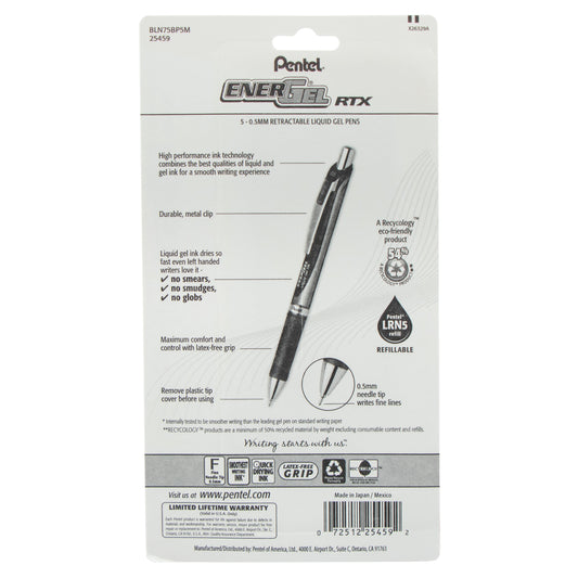 EnerGel RTX Retractable Liquid Gel Pen, (0.5mm) Needle Tip, Fine Line, Assorted Ink (A/B/C/D/V) 5-Pk (BLN75BP5M)