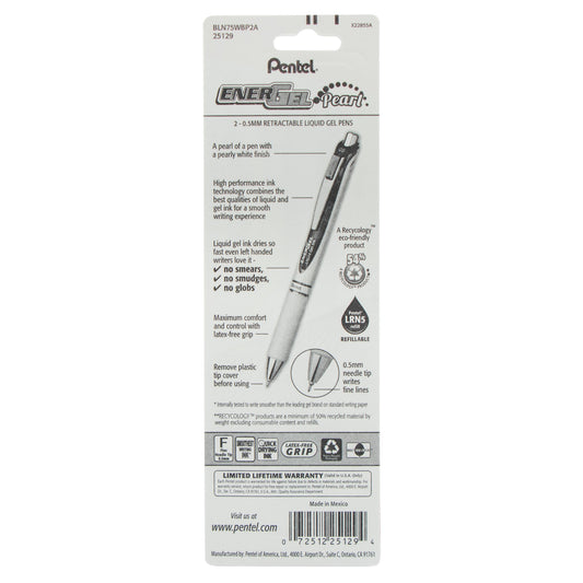 EnerGel Pearl Retractable (0.5mm) Needle Tip, Fine Line, Black Accent, Black Ink 2-Pk (BLN75WBP2A)