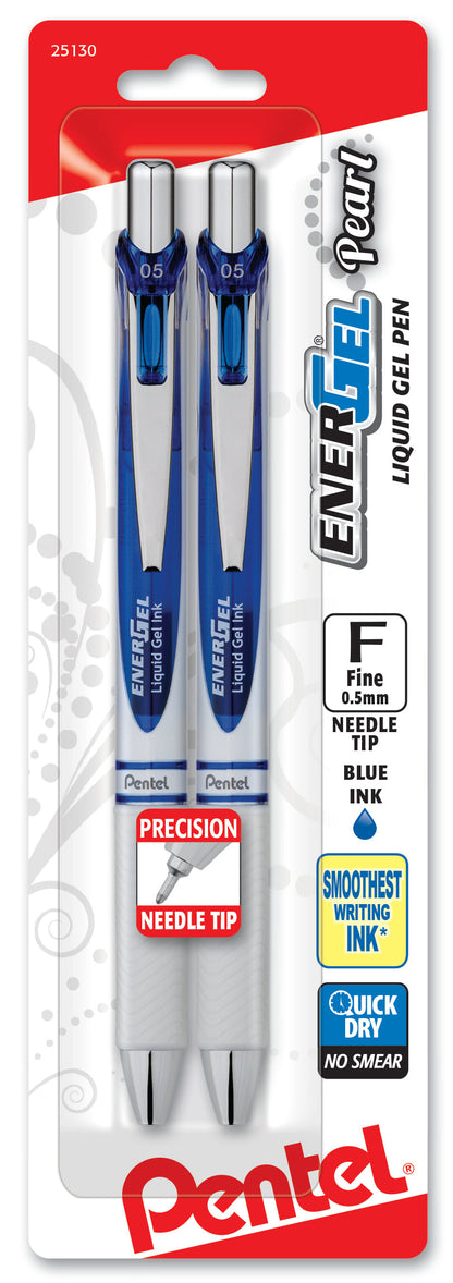 EnerGel Pearl Retractable (0.5mm) Needle Tip, Fine Line, Blue Accent, Blue Ink 2-Pk (BLN75WBP2C)