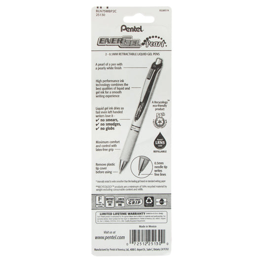 EnerGel Pearl Retractable (0.5mm) Needle Tip, Fine Line, Blue Accent, Blue Ink 2-Pk (BLN75WBP2C)