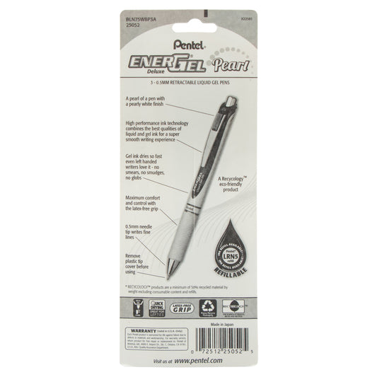 EnerGel Pearl Retractable (0.5mm) Needle Tip, Fine Line, Black Accent, Black Ink 3-Pk (BLN75WBP3A)