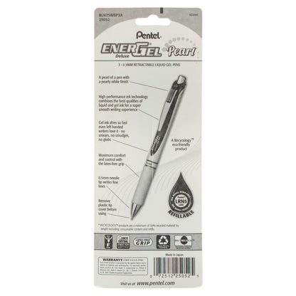 EnerGel Pearl Retractable (0.5mm) Needle Tip, Fine Line, Black Accent, Black Ink 3-Pk (BLN75WBP3A)