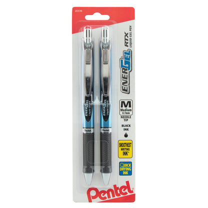 EnerGel RTX Retractable Liquid Gel Pen, (0.7mm) Needle Tip, Medium Line, Black Ink 2-Pk (BLN77BP2A)