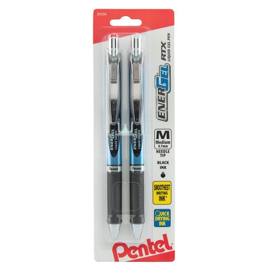EnerGel RTX Retractable Liquid Gel Pen, (0.7mm) Needle Tip, Medium Line, Black Ink 2-Pk (BLN77BP2A)
