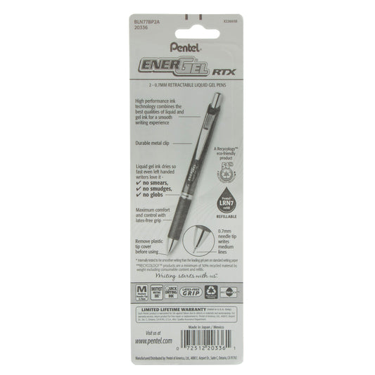 EnerGel RTX Retractable Liquid Gel Pen, (0.7mm) Needle Tip, Medium Line, Black Ink 2-Pk (BLN77BP2A)