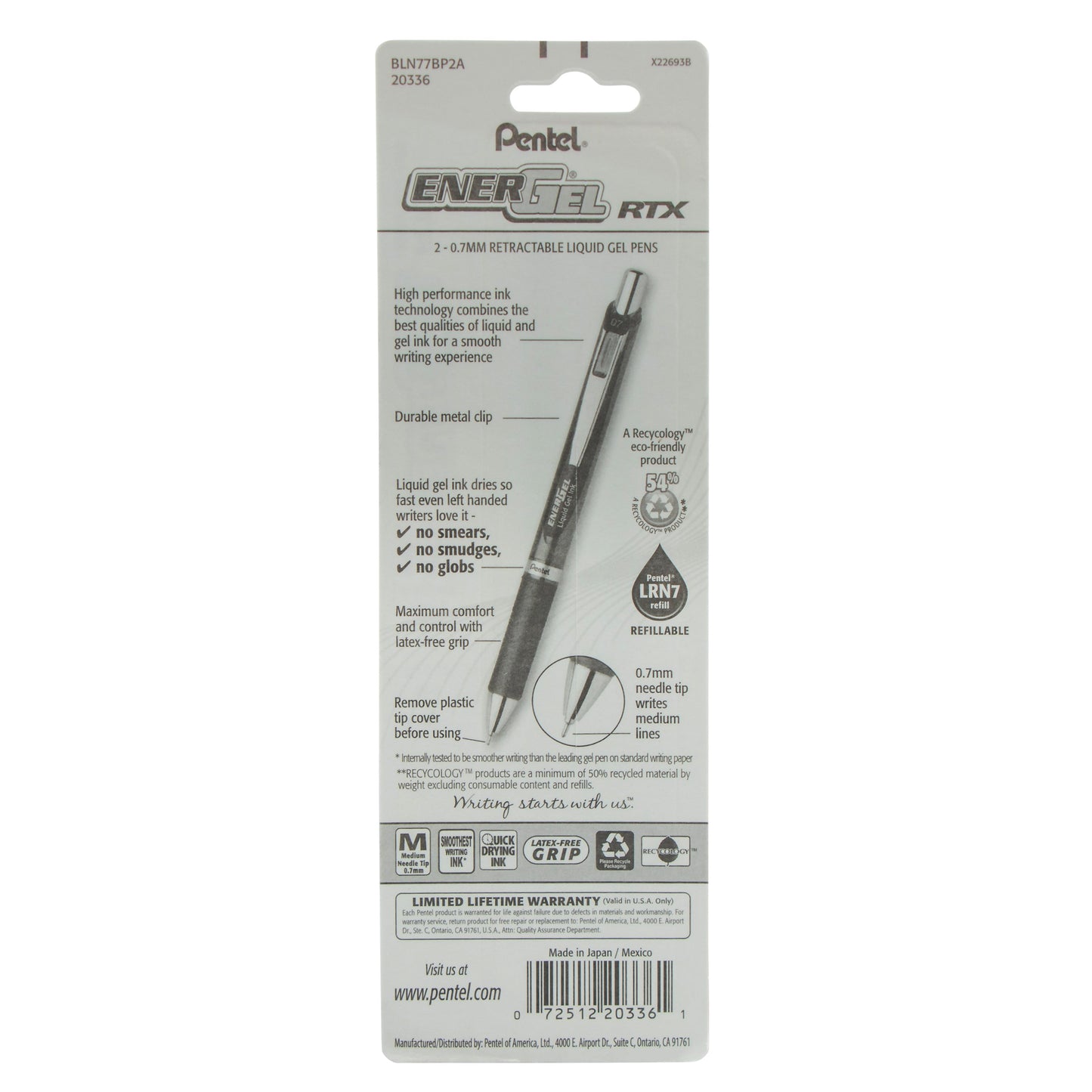 EnerGel RTX Retractable Liquid Gel Pen, (0.7mm) Needle Tip, Medium Line, Black Ink 2-Pk (BLN77BP2A)