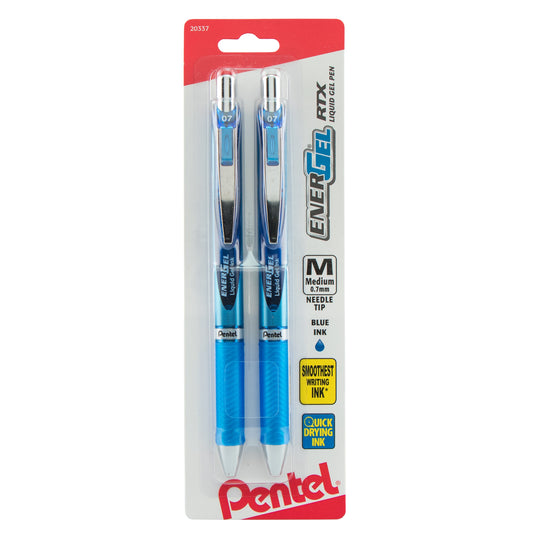 EnerGel RTX Retractable Liquid Gel Pen, (0.7mm) Needle Tip, Medium Line, Blue Ink 2-Pk (BLN77BP2C)