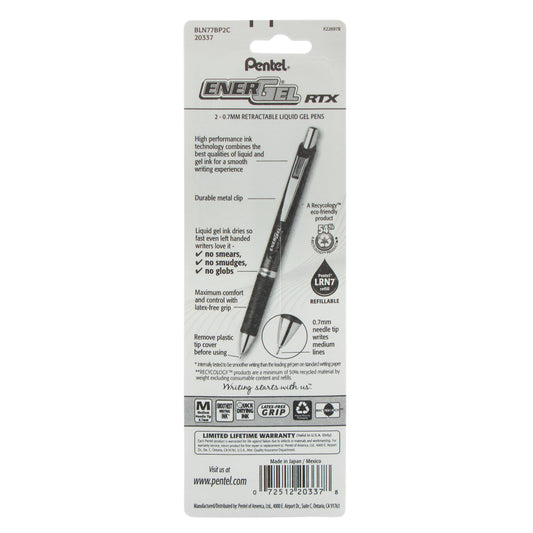 EnerGel RTX Retractable Liquid Gel Pen, (0.7mm) Needle Tip, Medium Line, Blue Ink 2-Pk (BLN77BP2C)