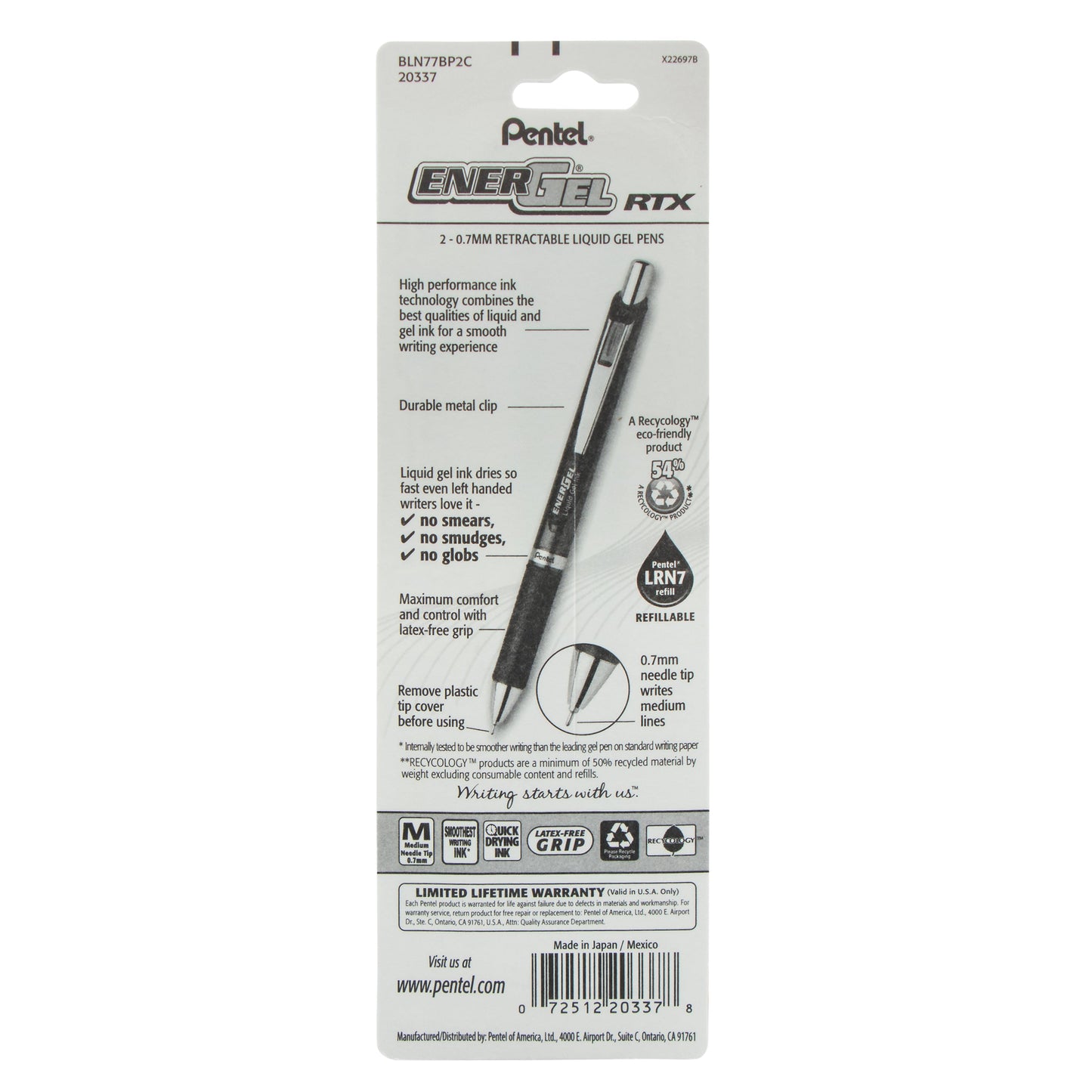 EnerGel RTX Retractable Liquid Gel Pen, (0.7mm) Needle Tip, Medium Line, Blue Ink 2-Pk (BLN77BP2C)