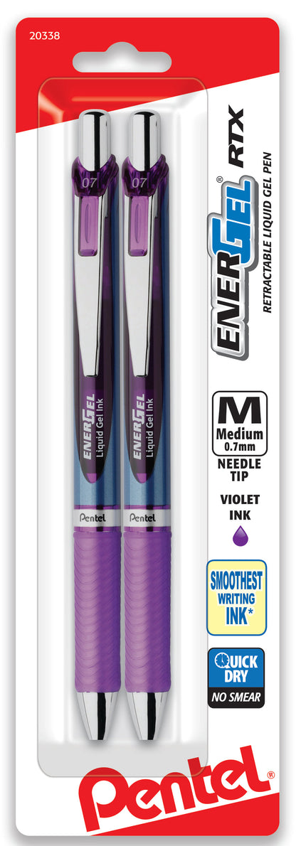 EnerGel RTX Retractable Liquid Gel Pen, (0.7mm) Needle Tip, Medium Line, Violet Ink 2-Pk (BLN77BP2V)