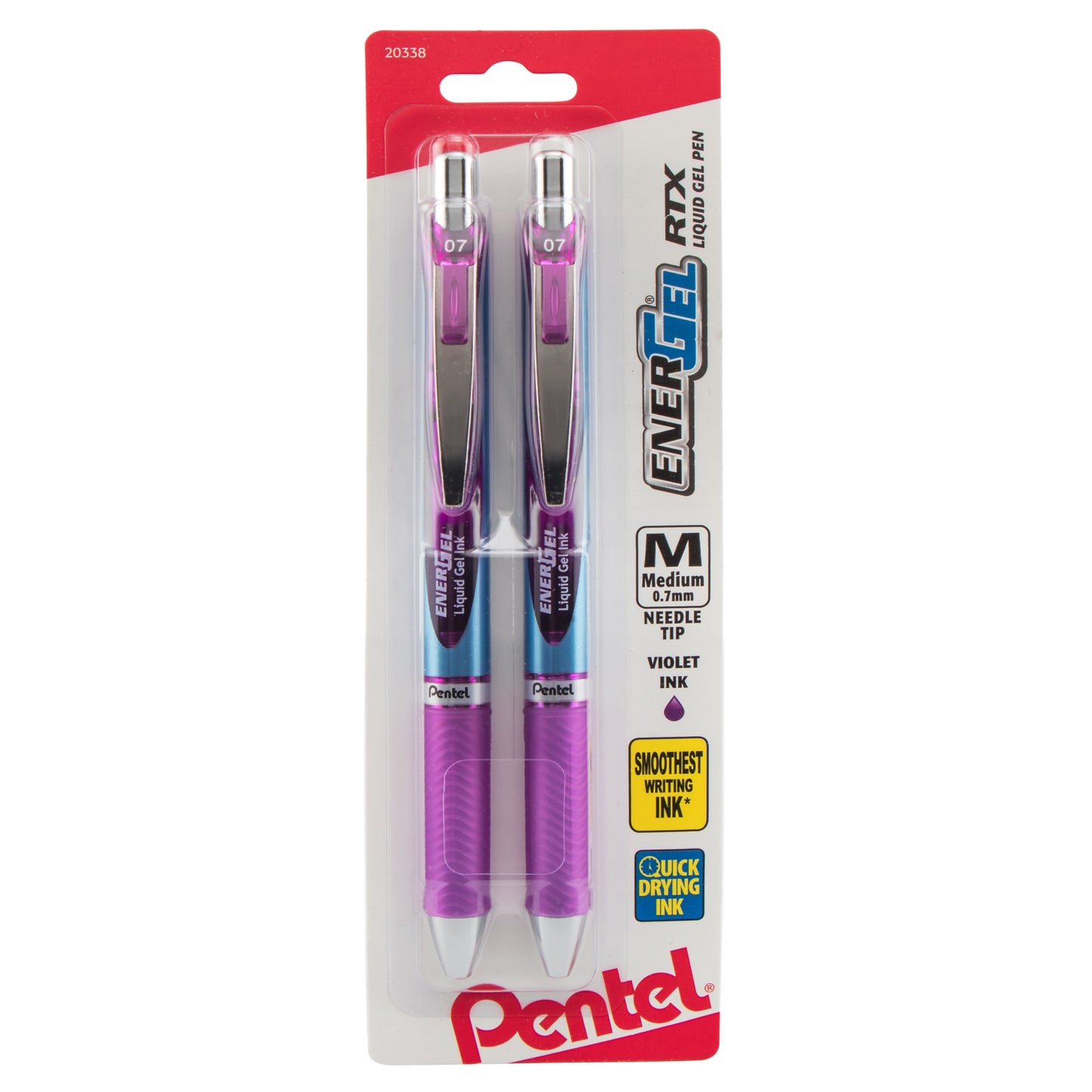 EnerGel RTX Retractable Liquid Gel Pen, (0.7mm) Needle Tip, Medium Line, Violet Ink 2-Pk (BLN77BP2V)