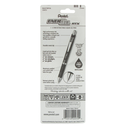 EnerGel RTX Retractable Liquid Gel Pen, (0.7mm) Needle Tip, Medium Line, Black Ink 3-Pk (BLN77BP3A)