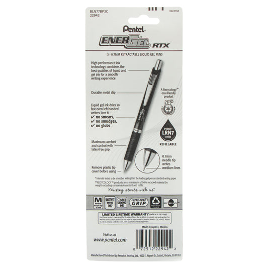 EnerGel RTX Retractable Liquid Gel Pen, (0.7mm) Needle Tip, Medium Line, Blue Ink 3-Pk (BLN77BP3C)