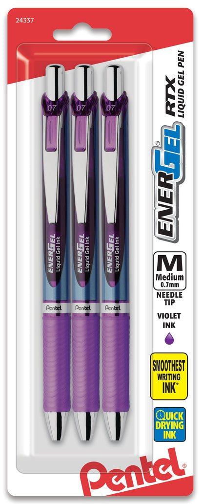 EnerGel RTX Retractable Liquid Gel Pen, (0.7mm) Needle Tip, Medium Line, Violet Ink 3-Pk (BLN77BP3V)