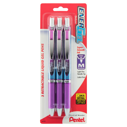 EnerGel RTX Retractable Liquid Gel Pen, (0.7mm) Needle Tip, Medium Line, Violet Ink 3-Pk (BLN77BP3V)