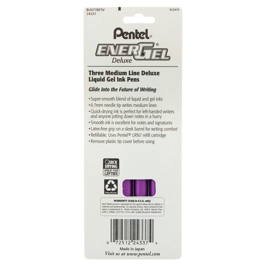 EnerGel RTX Retractable Liquid Gel Pen, (0.7mm) Needle Tip, Medium Line, Violet Ink 3-Pk (BLN77BP3V)