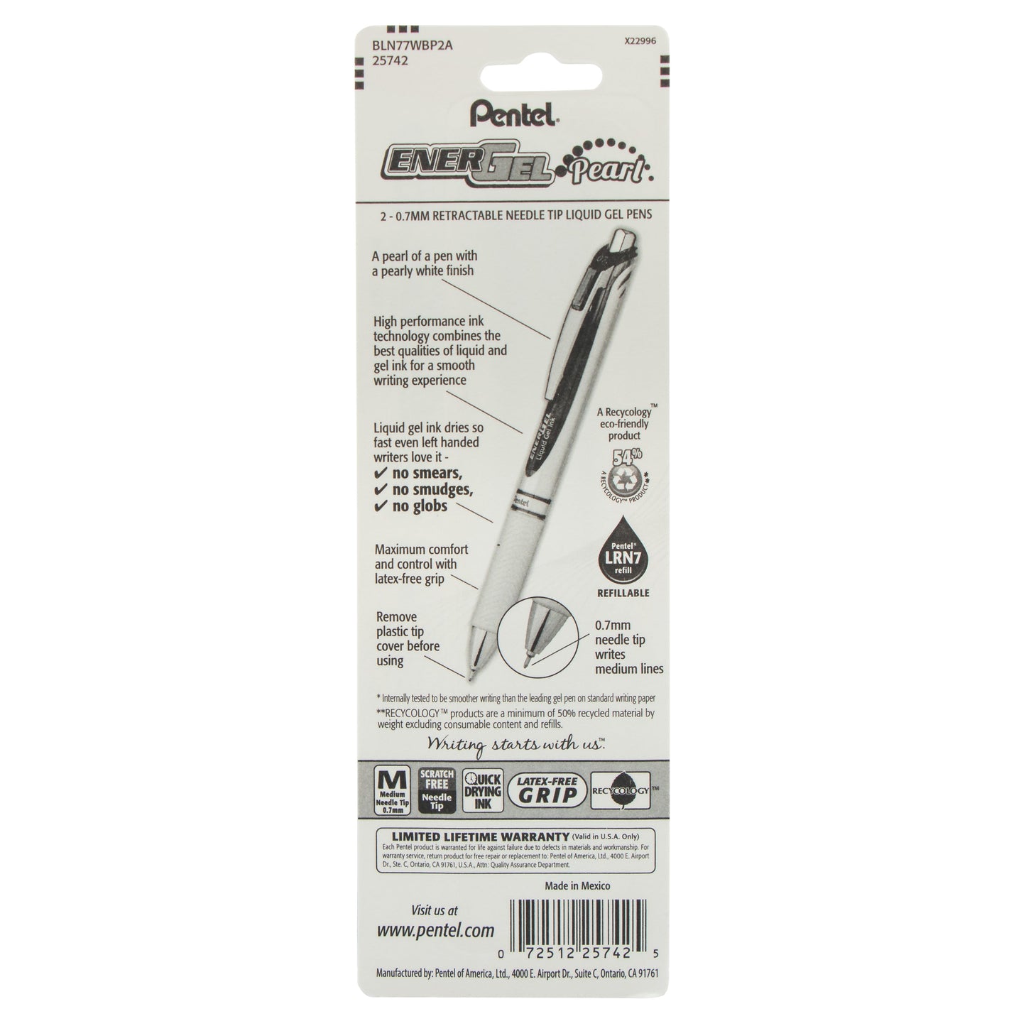 EnerGel Pearl Retractable Liquid Gel Pen, Needle Tip (0.7mm) Medium Line, Black Ink, 2-Pk (BLN77WBP2A)