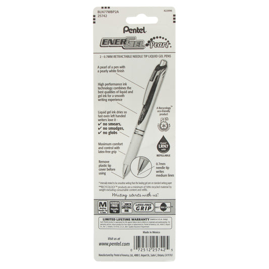 EnerGel Pearl Retractable Liquid Gel Pen, Needle Tip (0.7mm) Medium Line, Black Ink, 2-Pk (BLN77WBP2A)