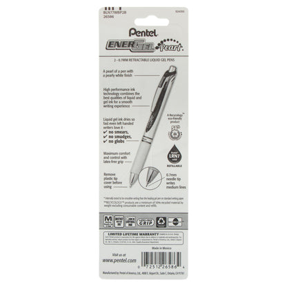 EnerGel Pearl Retractable Liquid Gel Pen, Needle Tip (0.7mm) Medium Line, Red Ink, 2-Pk (BLN77WBP2B)