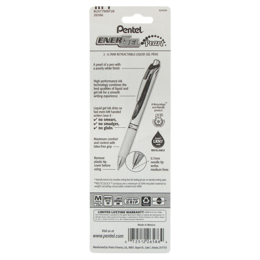EnerGel Pearl Retractable Liquid Gel Pen, Needle Tip (0.7mm) Medium Line, Red Ink, 2-Pk (BLN77WBP2B)