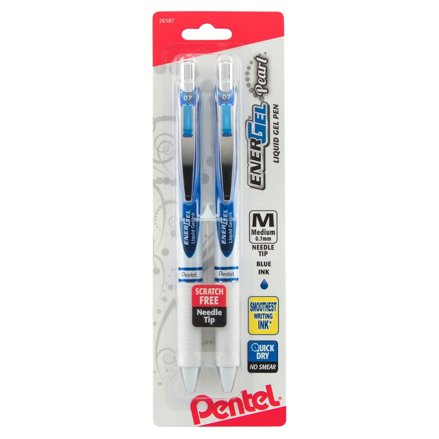 EnerGel Pearl Retractable Liquid Gel Pen, Needle Tip (0.7mm) Medium Line, Blue Ink, 2-Pk (BLN77WBP2C)
