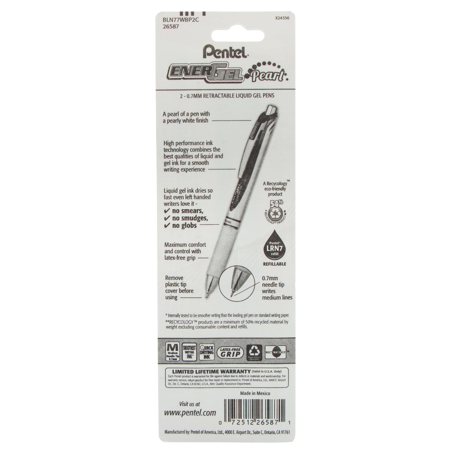EnerGel Pearl Retractable Liquid Gel Pen, Needle Tip (0.7mm) Medium Line, Blue Ink, 2-Pk (BLN77WBP2C)