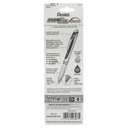 EnerGel Pearl Retractable Liquid Gel Pen, Needle Tip (0.7mm) Medium Line, Blue Ink, 2-Pk (BLN77WBP2C)