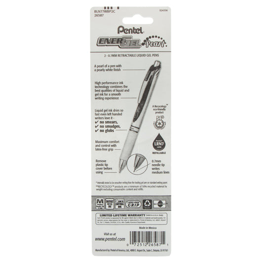 EnerGel Pearl Retractable Liquid Gel Pen, Needle Tip (0.7mm) Medium Line, Blue Ink, 2-Pk (BLN77WBP2C)