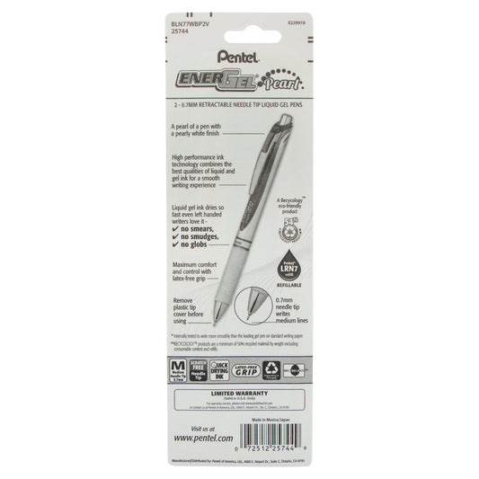EnerGel Pearl Retractable Liquid Gel Pen, Needle Tip (0.7mm) Medium Line, Violet Ink, 2-Pk (BLN77WBP2V)