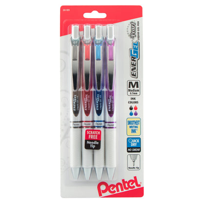 EnerGel Pearl Retractable Liquid Gel Pen, Needle Tip (0.7mm) Medium Line, Assorted Ink (A/B/C/V), 4-Pk (BLN77WBP4M)