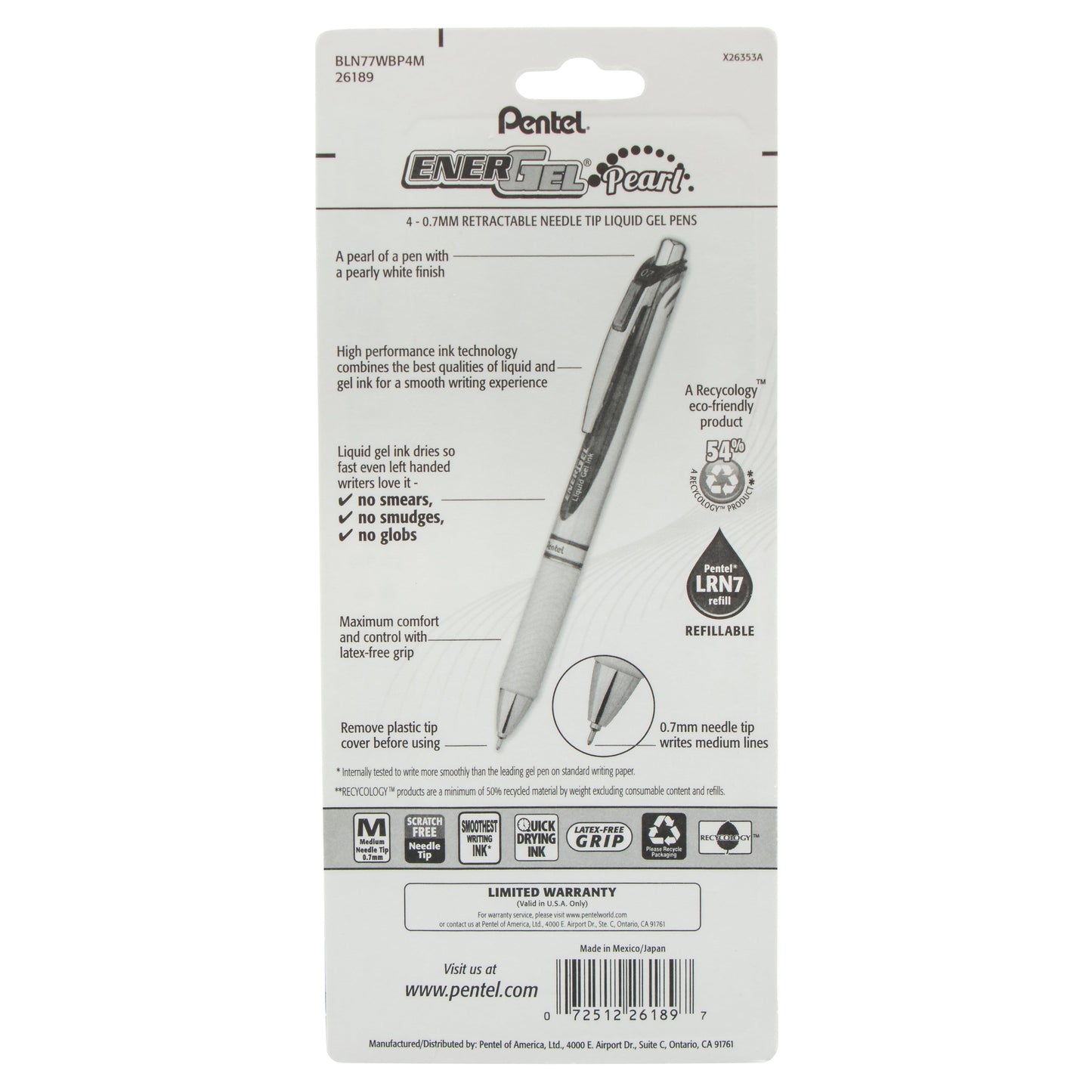 EnerGel Pearl Retractable Liquid Gel Pen, Needle Tip (0.7mm) Medium Line, Assorted Ink (A/B/C/V), 4-Pk (BLN77WBP4M)