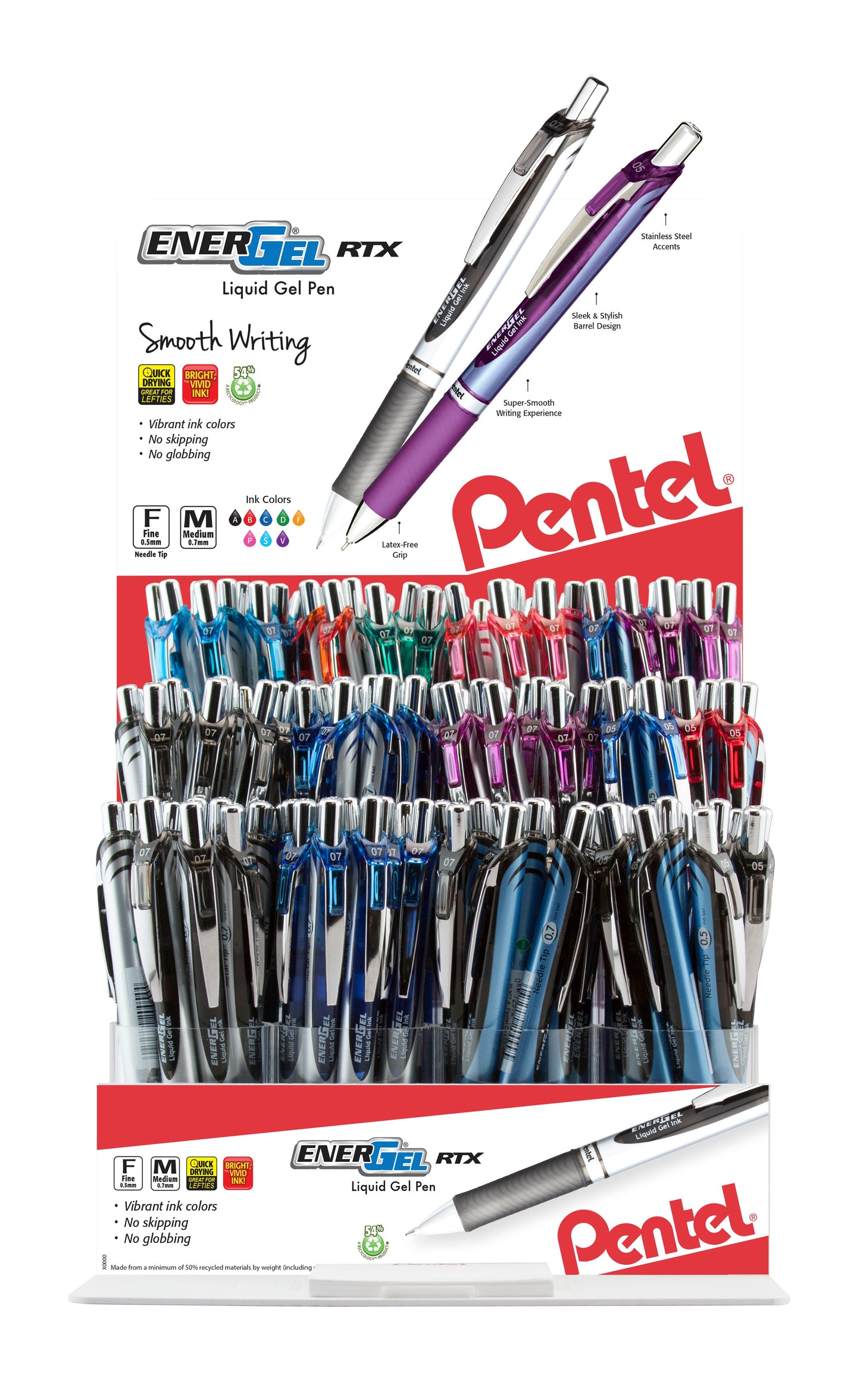 EnerGel RTX Retractable Liquid Gel Pen, (0.5mm/0.7mm) Fine & Medium Line, Needle/Metal Tip, Assorted Ink, Open, Stock Display - 144 Pieces (BLNBL77-12)