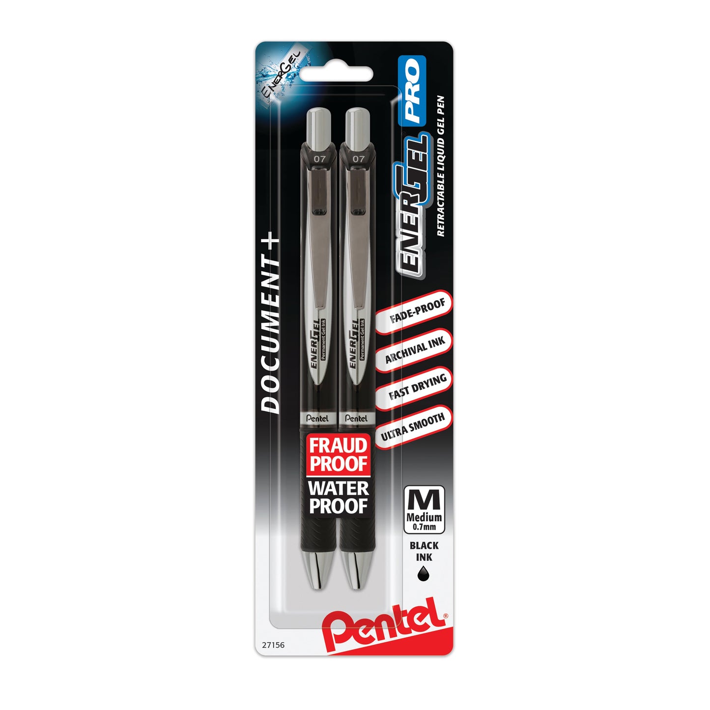 EnerGel PRO Permanent Gel Pen, (0.7mm) Medium Line, Black Ink, 2-Pk (BLP77BP2A)