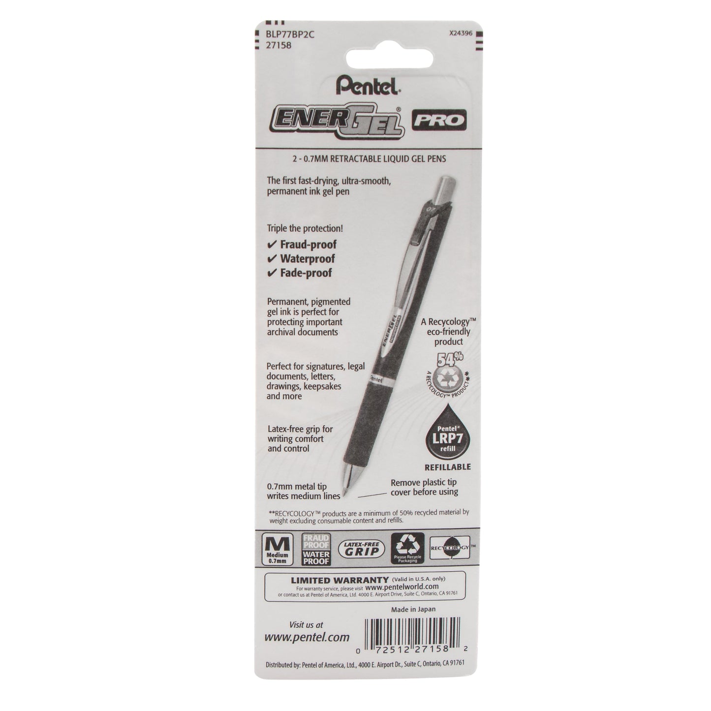 EnerGel PRO Permanent Gel Pen, (0.7mm) Medium Line, Blue Ink, 2-Pk (BLP77BP2C)