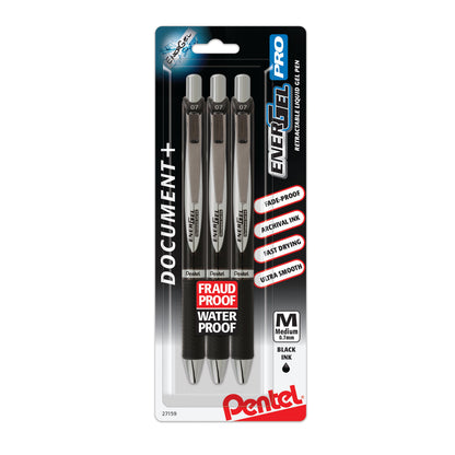 EnerGel PRO Permanent Gel Pen, (0.7mm) Medium Line, Black Ink, 3-Pk (BLP77BP3A)