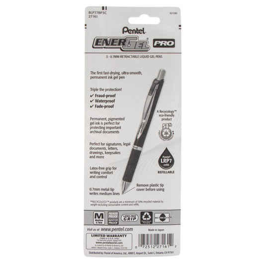 Pentel EnerGel PRO Permanent Gel Pen, (0.7mm) Medium Line, Blue Ink, 3-Pk (BLP77BP3C), 144 Each