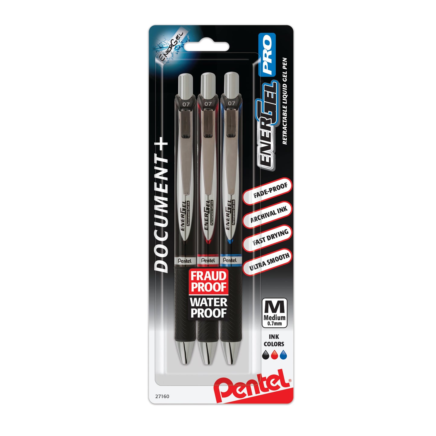 EnerGel PRO Permanent Gel Pen, (0.7mm) Medium Line, Assorted Ink (ABC), 3-Pk (BLP77BP3M)