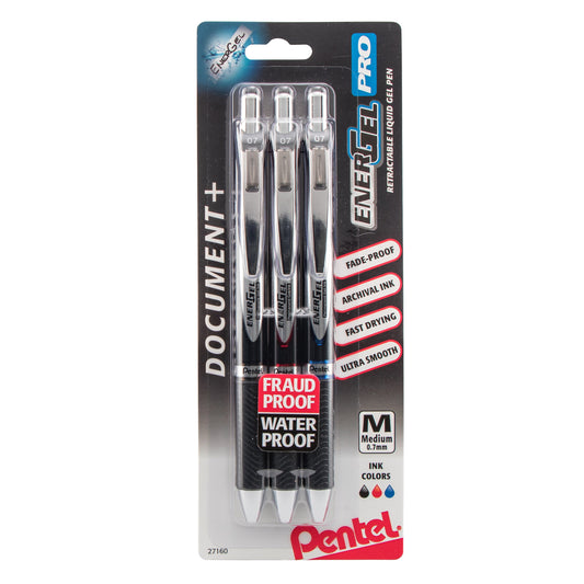 EnerGel PRO Permanent Gel Pen, (0.7mm) Medium Line, Assorted Ink (ABC), 3-Pk (BLP77BP3M)