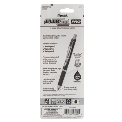 EnerGel PRO Permanent Gel Pen, (0.7mm) Medium Line, Assorted Ink (ABC), 3-Pk (BLP77BP3M)