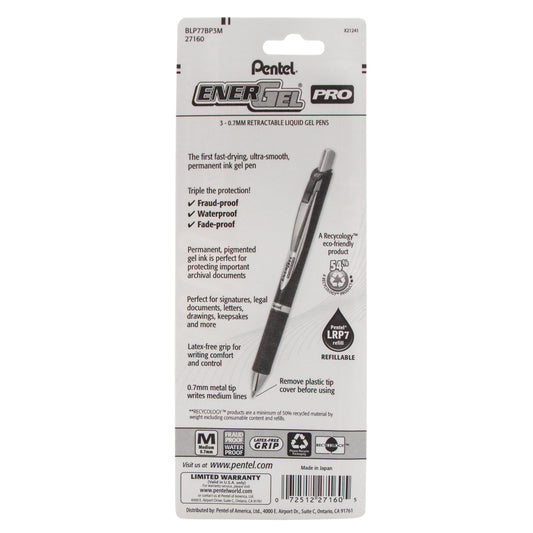EnerGel PRO Permanent Gel Pen, (0.7mm) Medium Line, Assorted Ink (ABC), 3-Pk (BLP77BP3M)